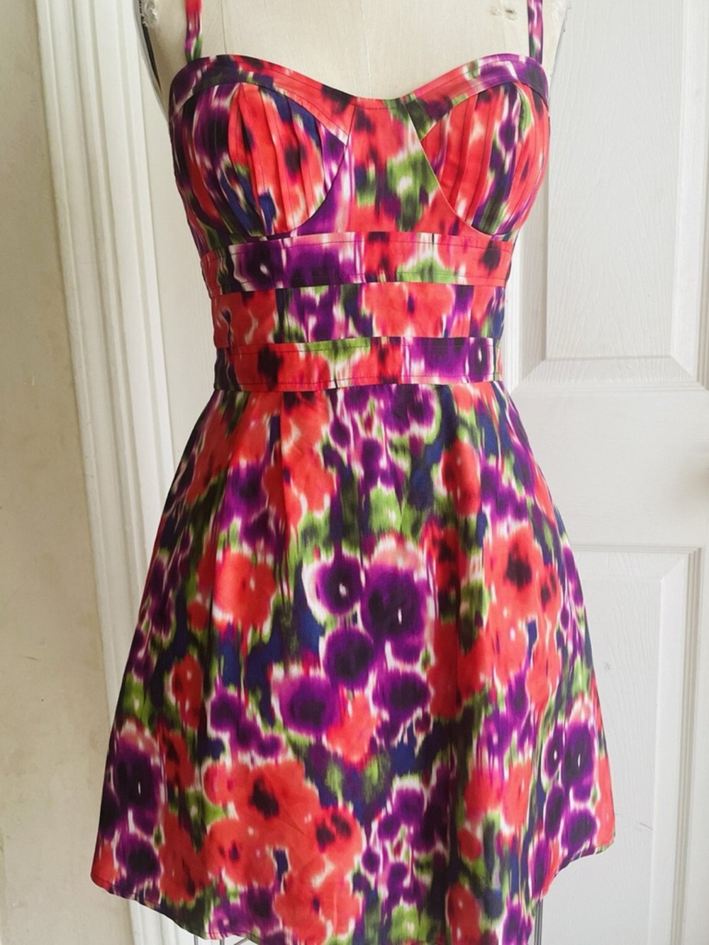 bebe Silk Red Floral Mini Dress with Green and Purple Accents